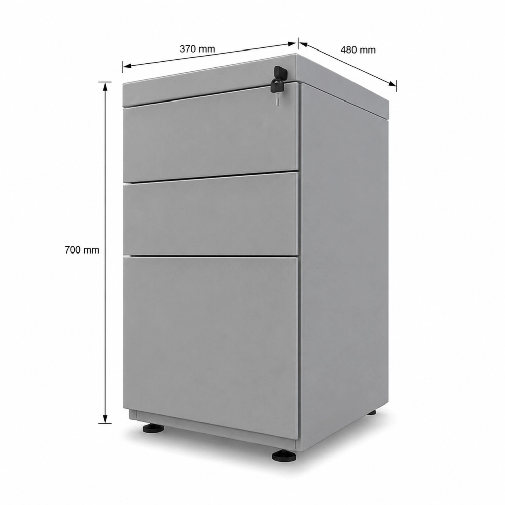 Planos técnicos del archivador metálico 2x1 frente plano: vista 3D, frontal y lateral, 370 mm de frente x 480 mm de fondo x 700 mm de altura