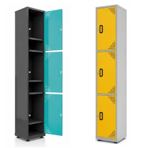 Locker metálico 3 puestos vertical en acero cold rolled calibre 22, puertas azules con porta candado, niveladores de piso y pintura electroestática, fabricado por Magru S.A.S. en Bogotá