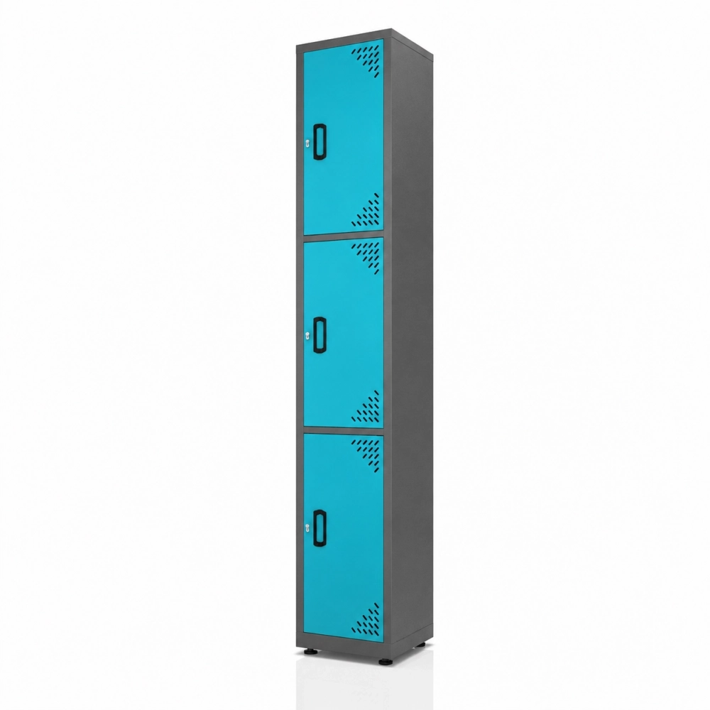 Locker metálico 3 puestos vertical en acero cold rolled calibre 22, puertas azules con porta candado, niveladores de piso y pintura electroestática, fabricado por Magru S.A.S. en Bogotá