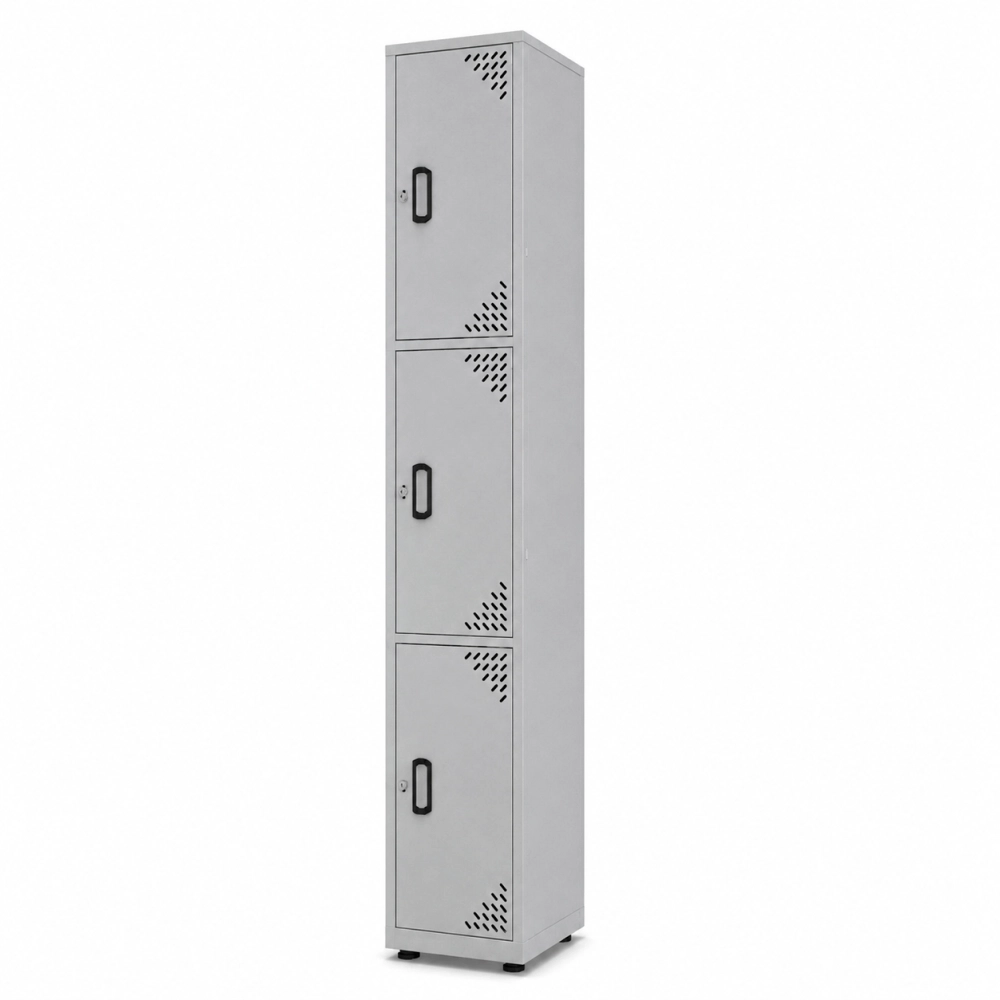 Locker metálico 3 puestos vertical en acero cold rolled calibre 22, puertas azules con porta candado, niveladores de piso y pintura electroestática, fabricado por Magru S.A.S. en Bogotá