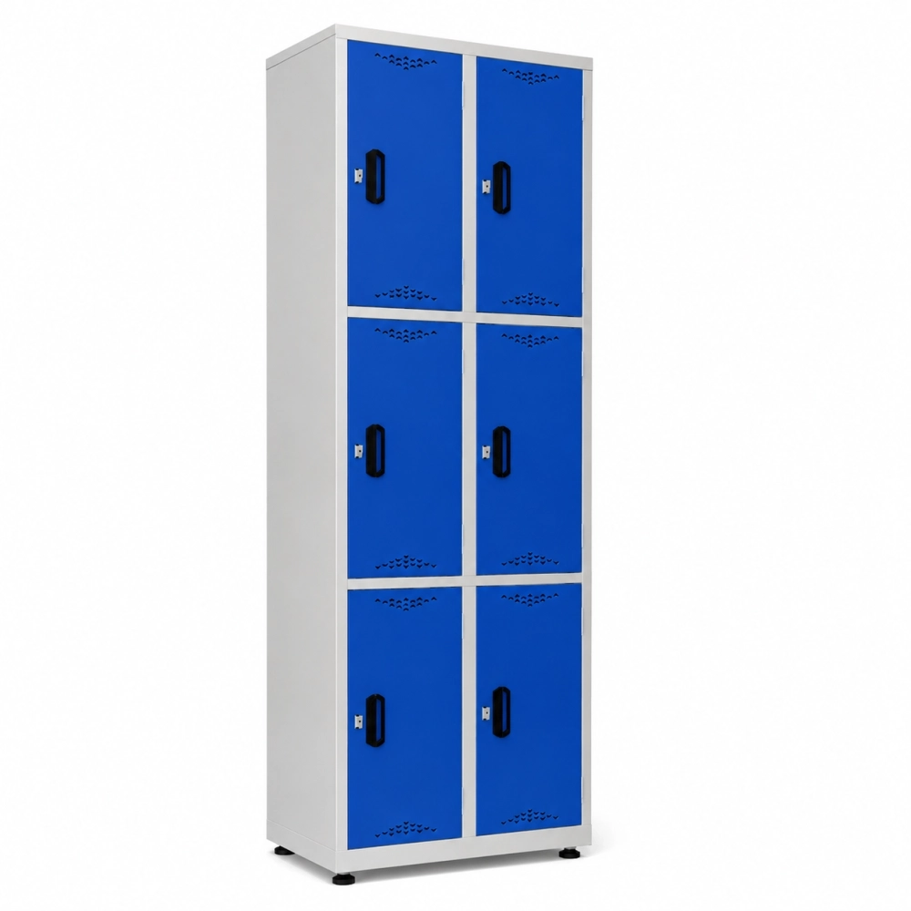 Locker metálico 6 puestos vertical en acero cold rolled calibre 22, puertas con porta candado y ventilación, niveladores de piso y pintura electroestática, fabricado por Magru S.A.S. en Bogotá