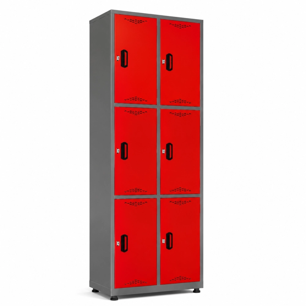 Locker metálico 6 puestos vertical en acero cold rolled calibre 22, puertas con porta candado y ventilación, niveladores de piso y pintura electroestática, fabricado por Magru S.A.S. en Bogotá