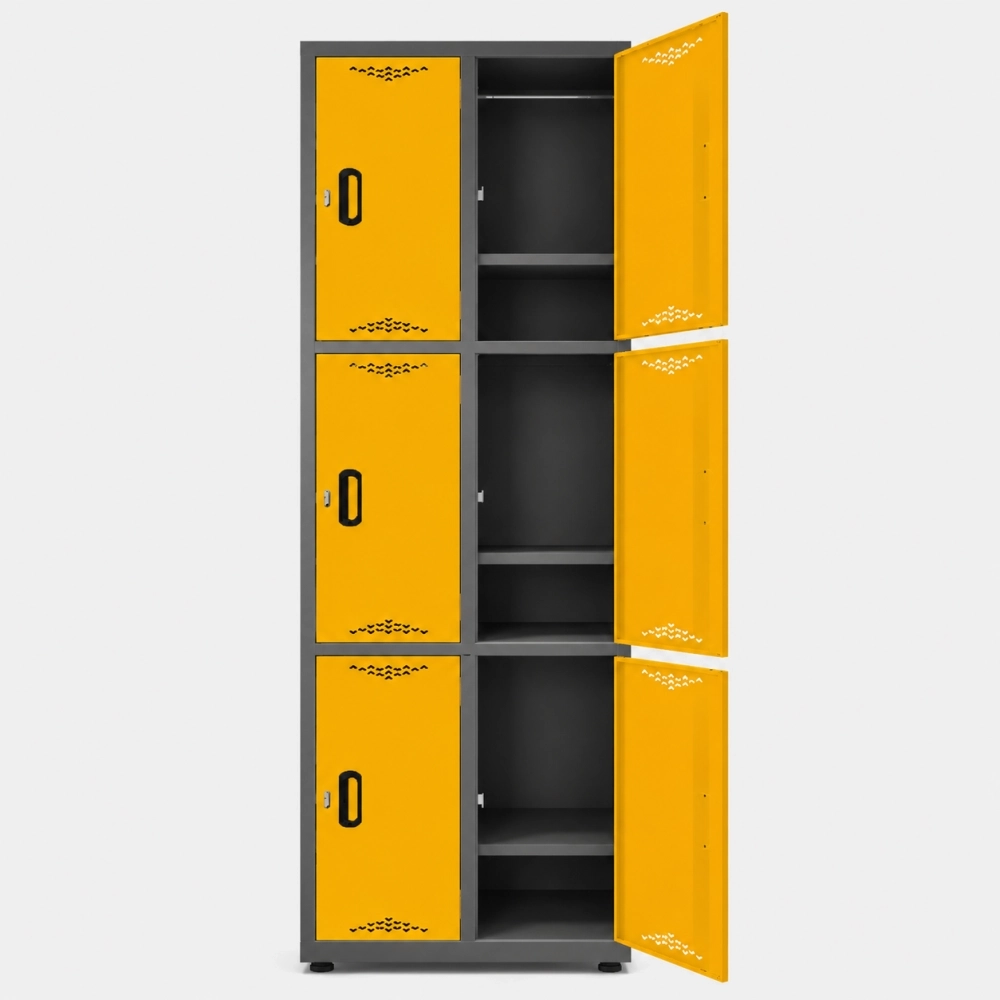Locker metálico 6 puestos vertical en acero cold rolled calibre 22, puertas con porta candado y ventilación, niveladores de piso y pintura electroestática, fabricado por Magru S.A.S. en Bogotá