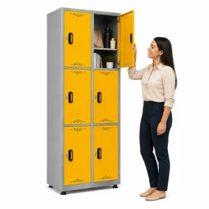 Locker metálico 6 puestos vertical en acero cold rolled calibre 22, puertas con porta candado y ventilación, niveladores de piso y pintura electroestática, fabricado por Magru S.A.S. en Bogotá