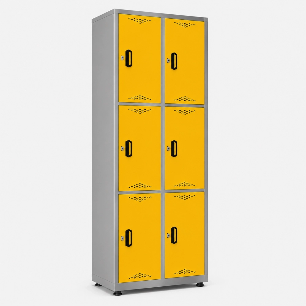 Locker metálico 6 puestos vertical en acero cold rolled calibre 22, puertas con porta candado y ventilación, niveladores de piso y pintura electroestática, fabricado por Magru S.A.S. en Bogotá