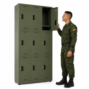 Locker metálico 9 puestos vertical en acero cold rolled calibre 22, puertas con porta candado y ventilación, niveladores de piso y pintura electroestática, fabricado por Magru S.A.S. en Bogotá