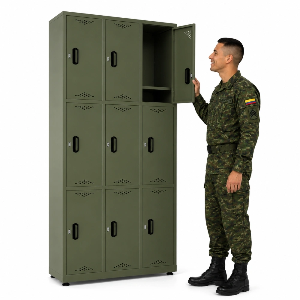 Locker metálico 9 puestos vertical en acero cold rolled calibre 22, puertas con porta candado y ventilación, niveladores de piso y pintura electroestática, fabricado por Magru S.A.S. en Bogotá