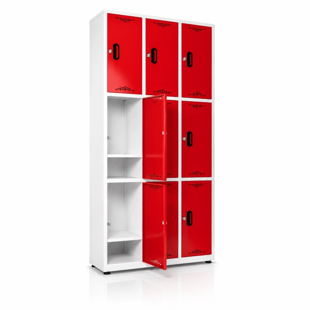 Locker metálico 9 puestos vertical en acero cold rolled calibre 22, puertas con porta candado y ventilación, niveladores de piso y pintura electroestática, fabricado por Magru S.A.S. en Bogotá
