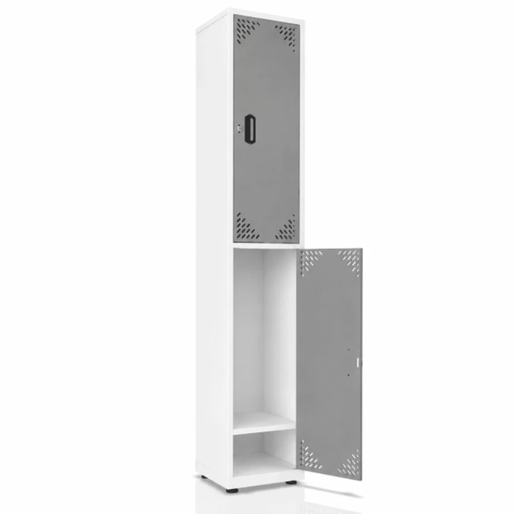 Locker metálico 2 puestos vertical en acero cold rolled calibre 22, puertas con porta candado y ventilación, niveladores de piso y pintura electroestática, fabricado por Magru S.A.S. en Bogotá