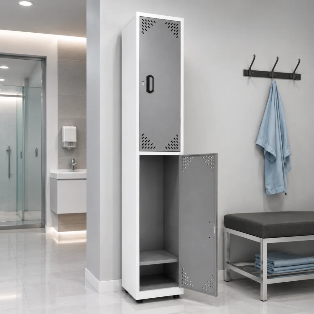 Locker metálico 2 puestos vertical en acero cold rolled calibre 22, puertas con porta candado y ventilación, niveladores de piso y pintura electroestática, fabricado por Magru S.A.S. en Bogotá