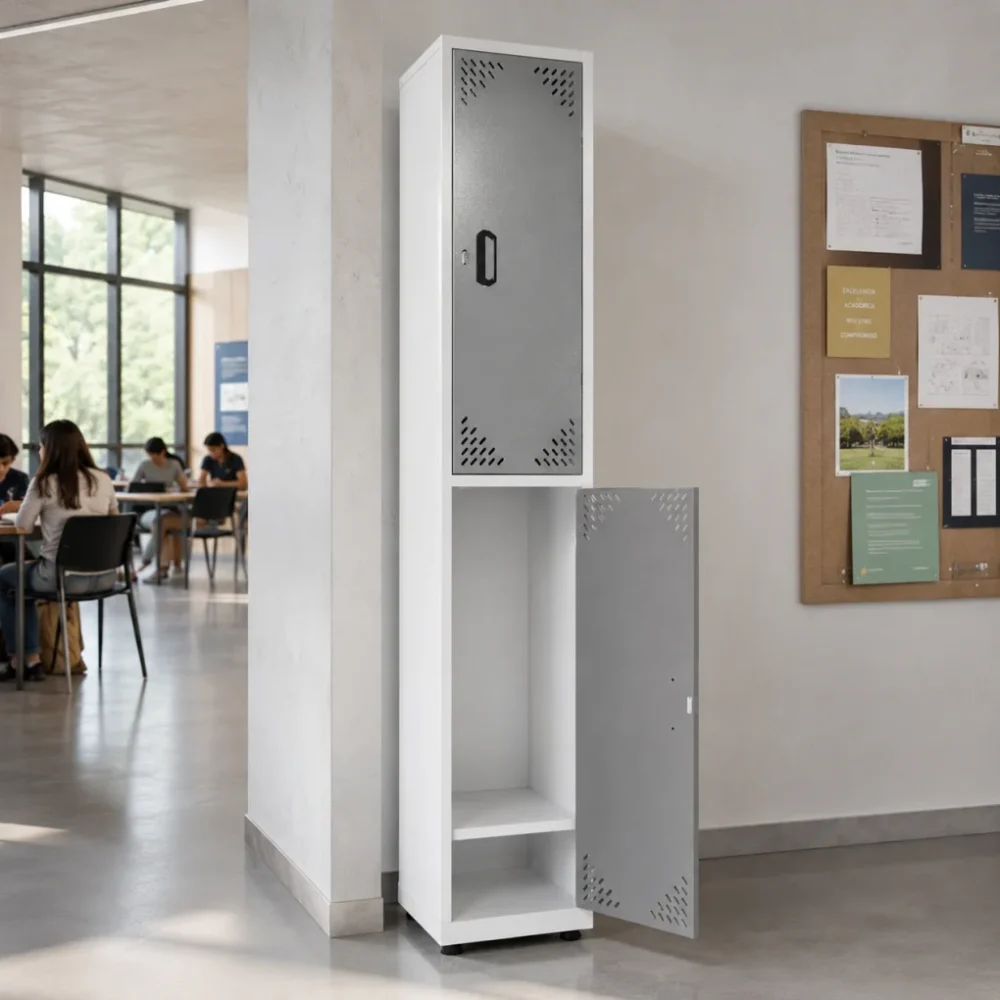 Locker metálico 2 puestos vertical en acero cold rolled calibre 22, puertas con porta candado y ventilación, niveladores de piso y pintura electroestática, fabricado por Magru S.A.S. en Bogotá