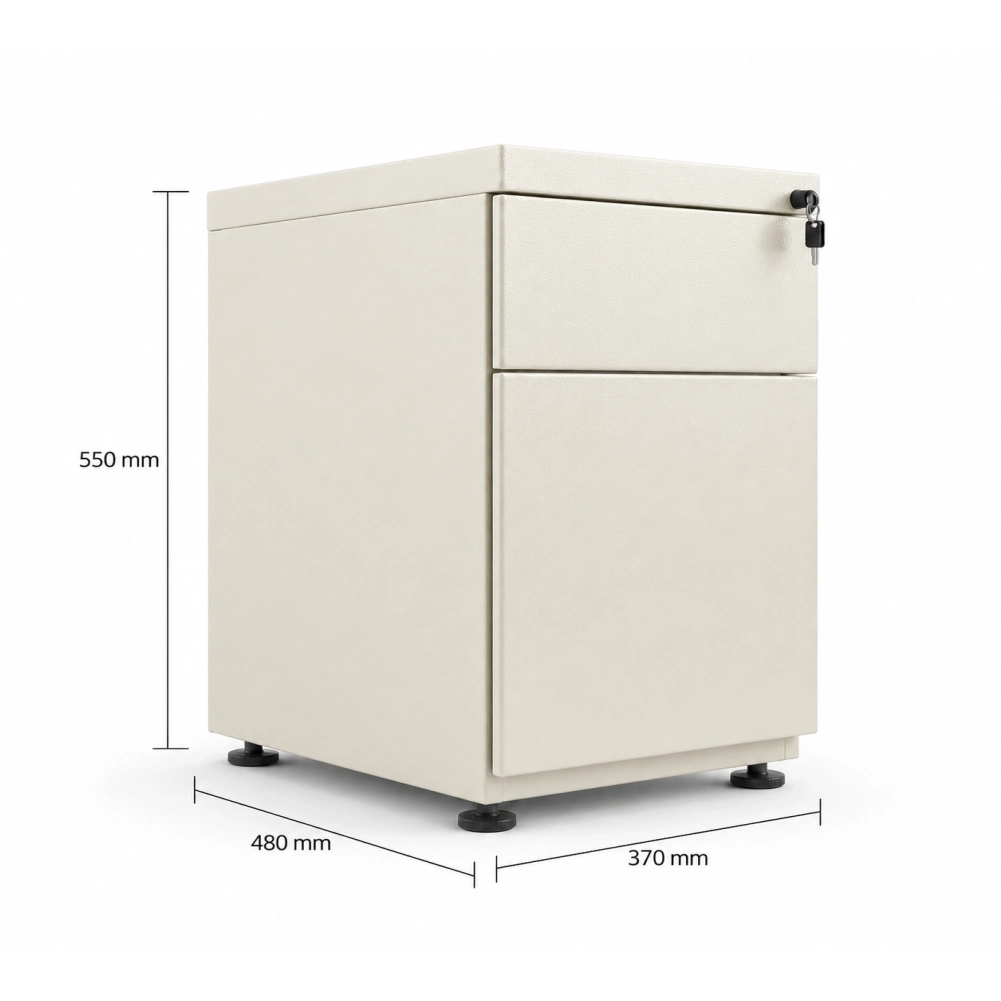 Archivador metálico Arturito frente plano color blanco micro, con niveladores ajustables en altura, gaveta carpetero y cajón auxiliar con cerradura