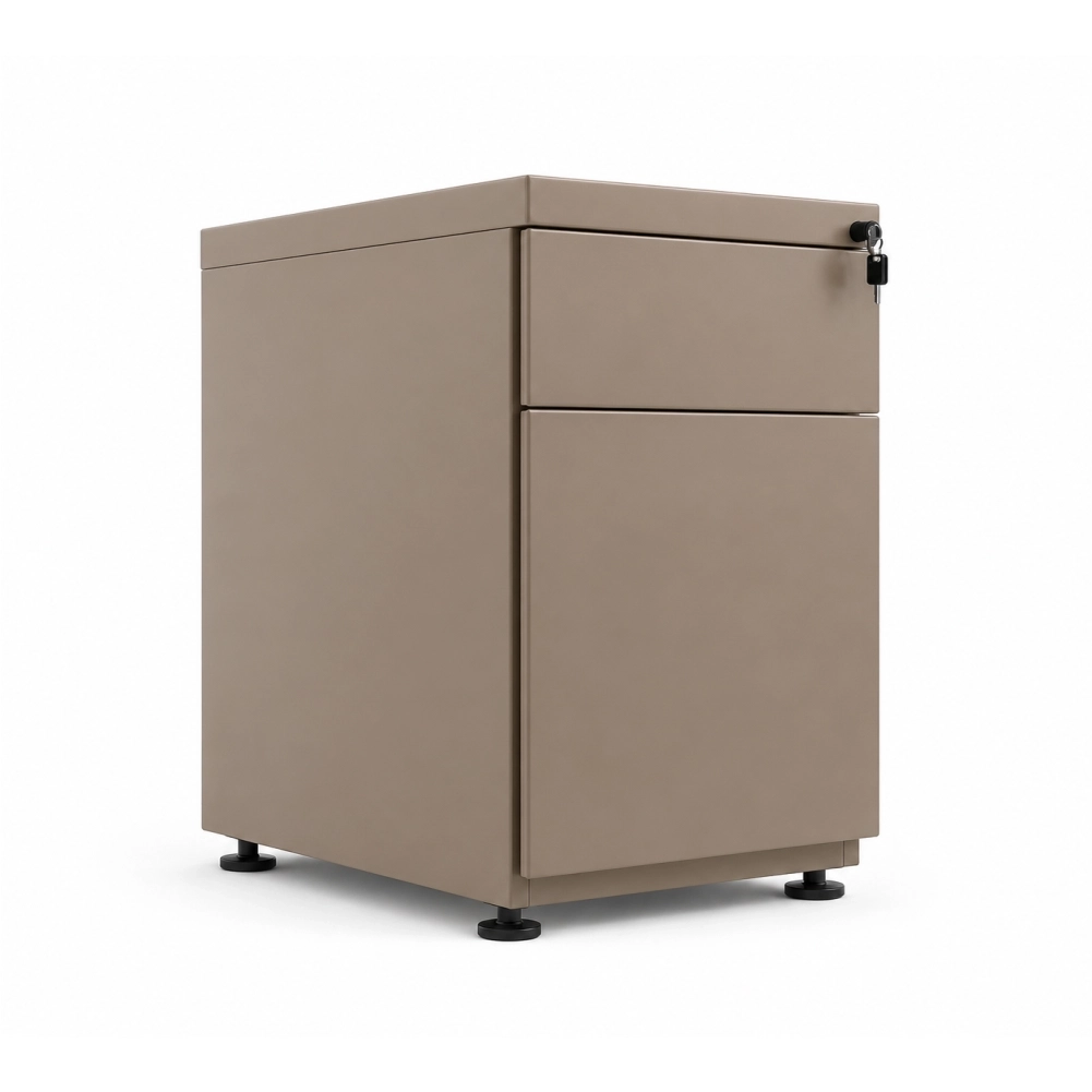 Archivador metálico Arturito frente plano color taupe, con niveladores ajustables en altura, gaveta carpetero y cajón auxiliar con cerradura