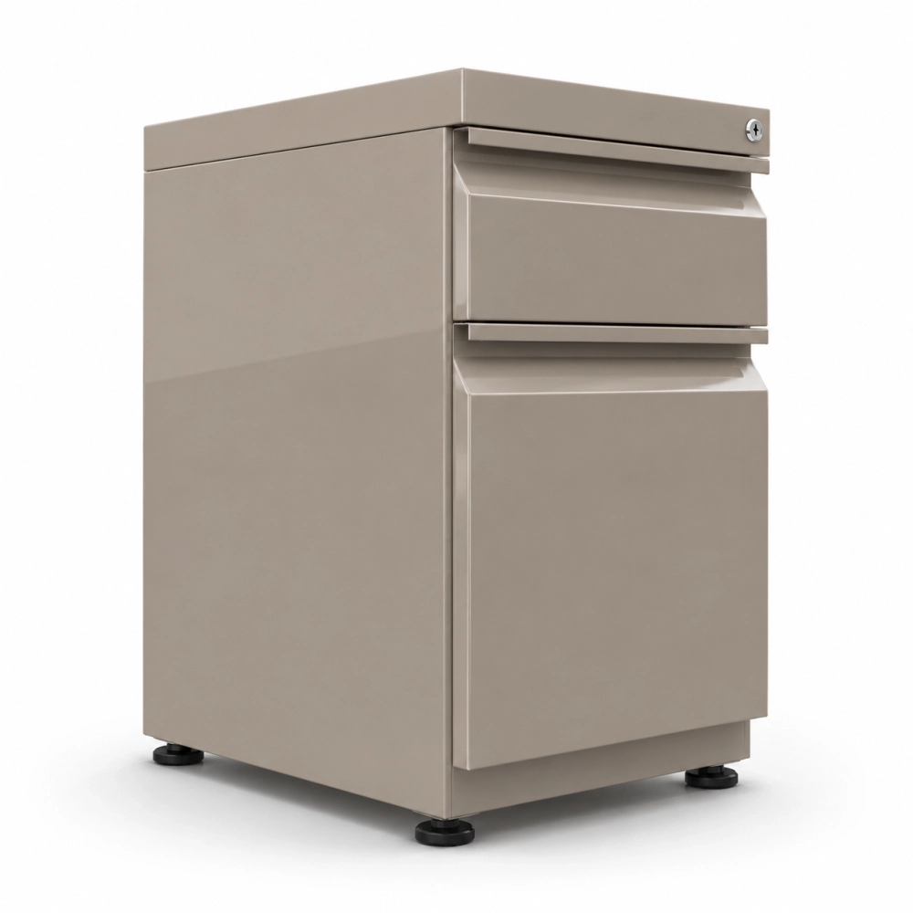 Archivador metálico Arturito frente con manija, color taupe micro, con niveladores ajustables en altura, gaveta carpetero y cajón auxiliar con cerradura