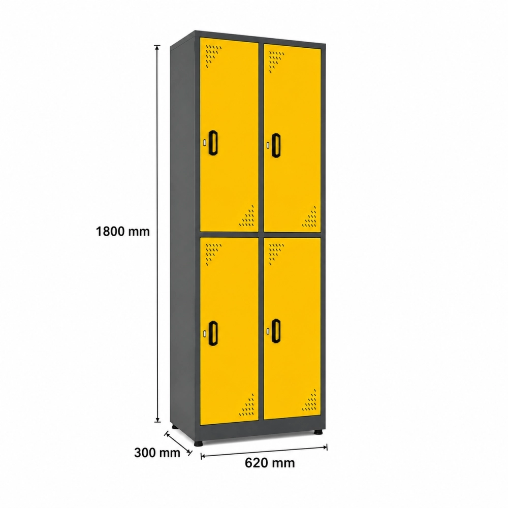 Locker metálico 4 puestos vertical en acero cold rolled calibre 22, puertas con porta candado y ventilación, niveladores de piso y pintura electroestática, fabricado por Magru S.A.S. en Bogotá