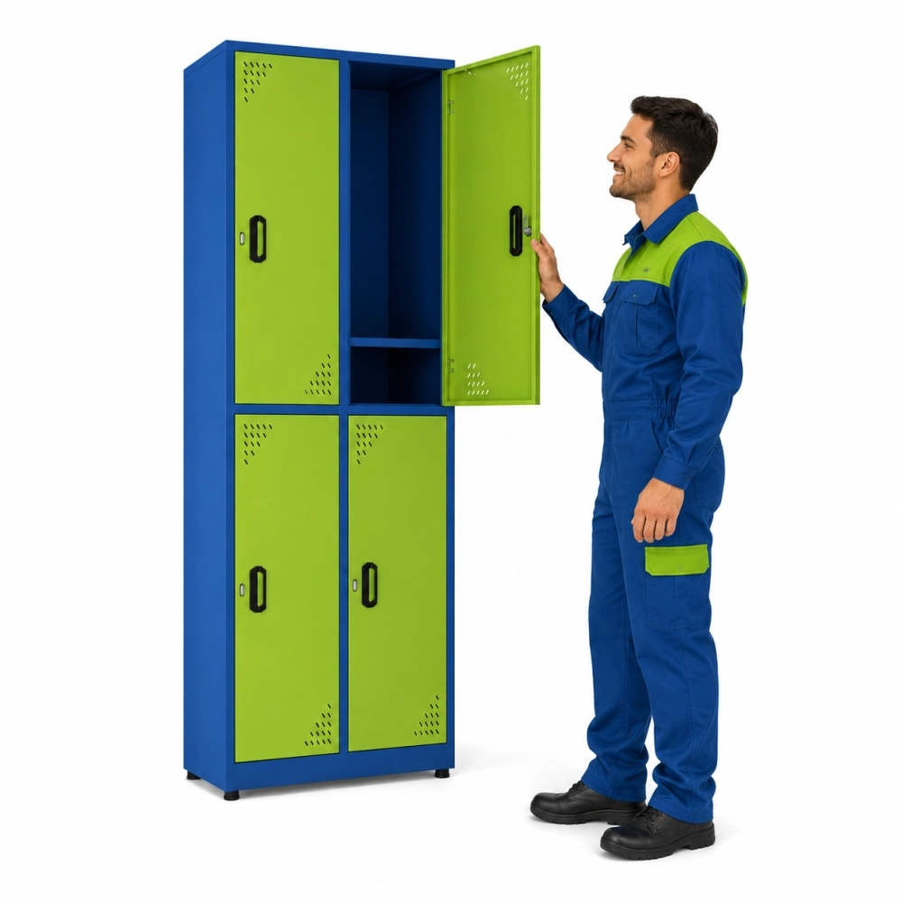 Locker metálico 4 puestos vertical en acero cold rolled calibre 22, color verde manzana y azul, para personal de planta y producción, puertas con porta candado y ventilación, niveladores de piso y pintura electroestática, fabricado por Magru S.A.S. en Bogotá