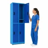 Locker metálico azul 4 puestos vertical con puerta abierta, uso en área de enfermería