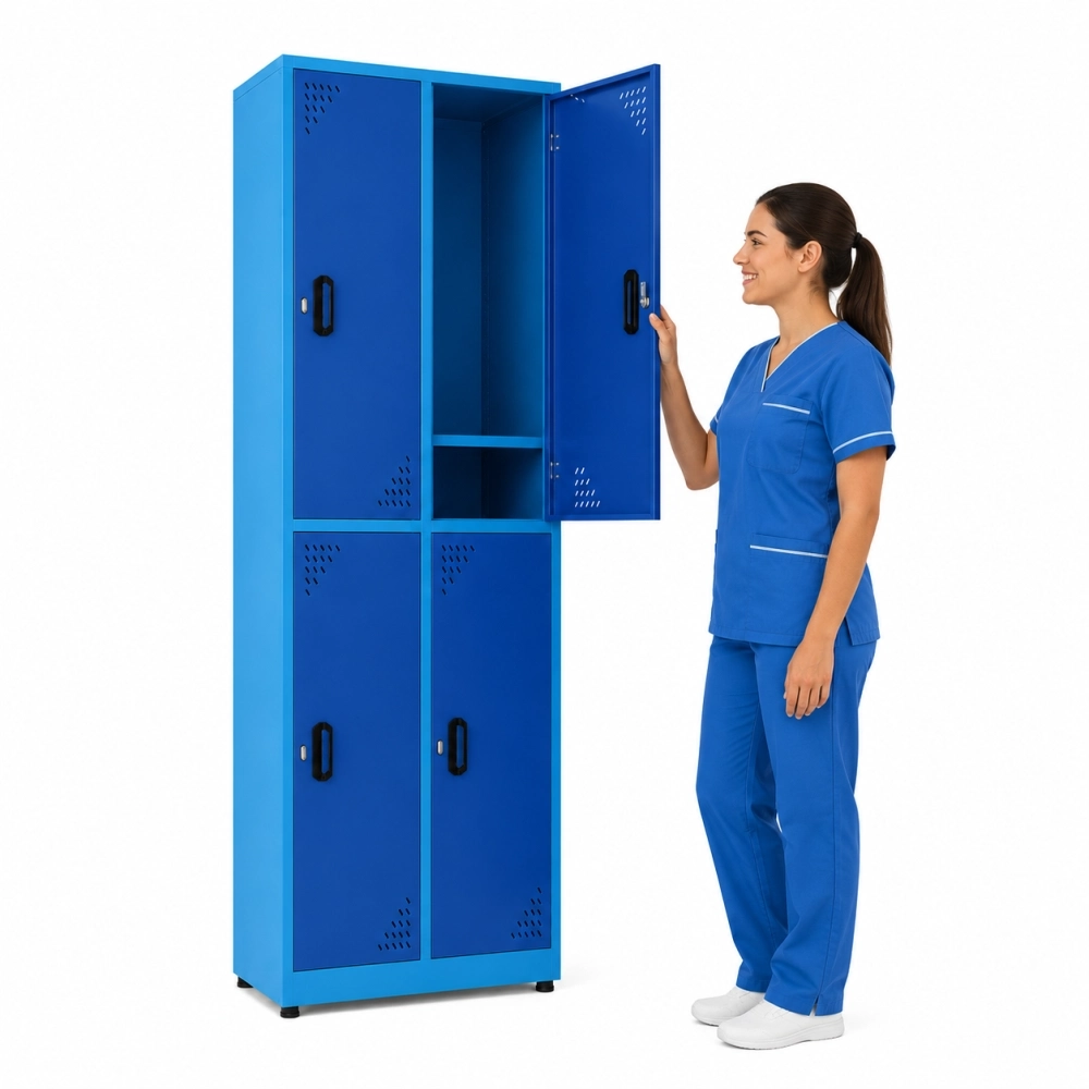 Locker metálico azul 4 puestos vertical con puerta abierta, uso en área de enfermería