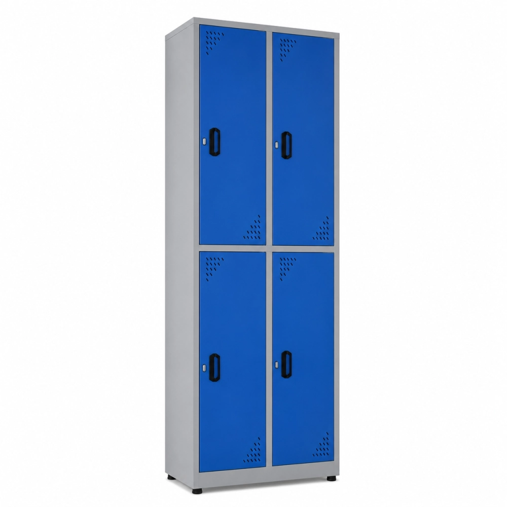 Locker metálico 4 puestos vertical en acero cold rolled calibre 22, puertas con porta candado y ventilación, niveladores de piso y pintura electroestática, fabricado por Magru S.A.S. en Bogotá