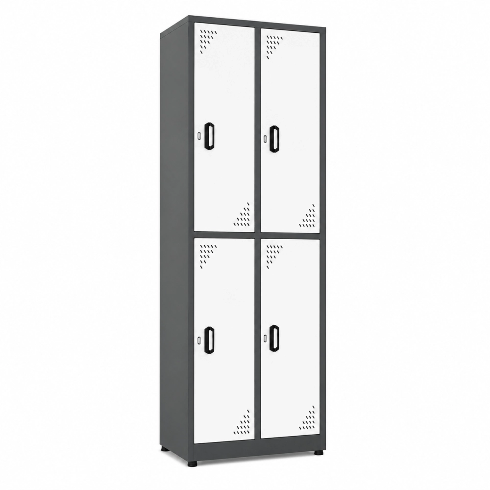 Locker metálico 4 puestos vertical en acero cold rolled calibre 22, puertas con porta candado y ventilación, niveladores de piso y pintura electroestática, fabricado por Magru S.A.S. en Bogotá