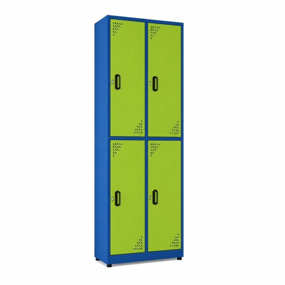Locker metálico 4 puestos vertical en acero cold rolled calibre 22, puertas con porta candado y ventilación, niveladores de piso y pintura electroestática, fabricado por Magru S.A.S. en Bogotá