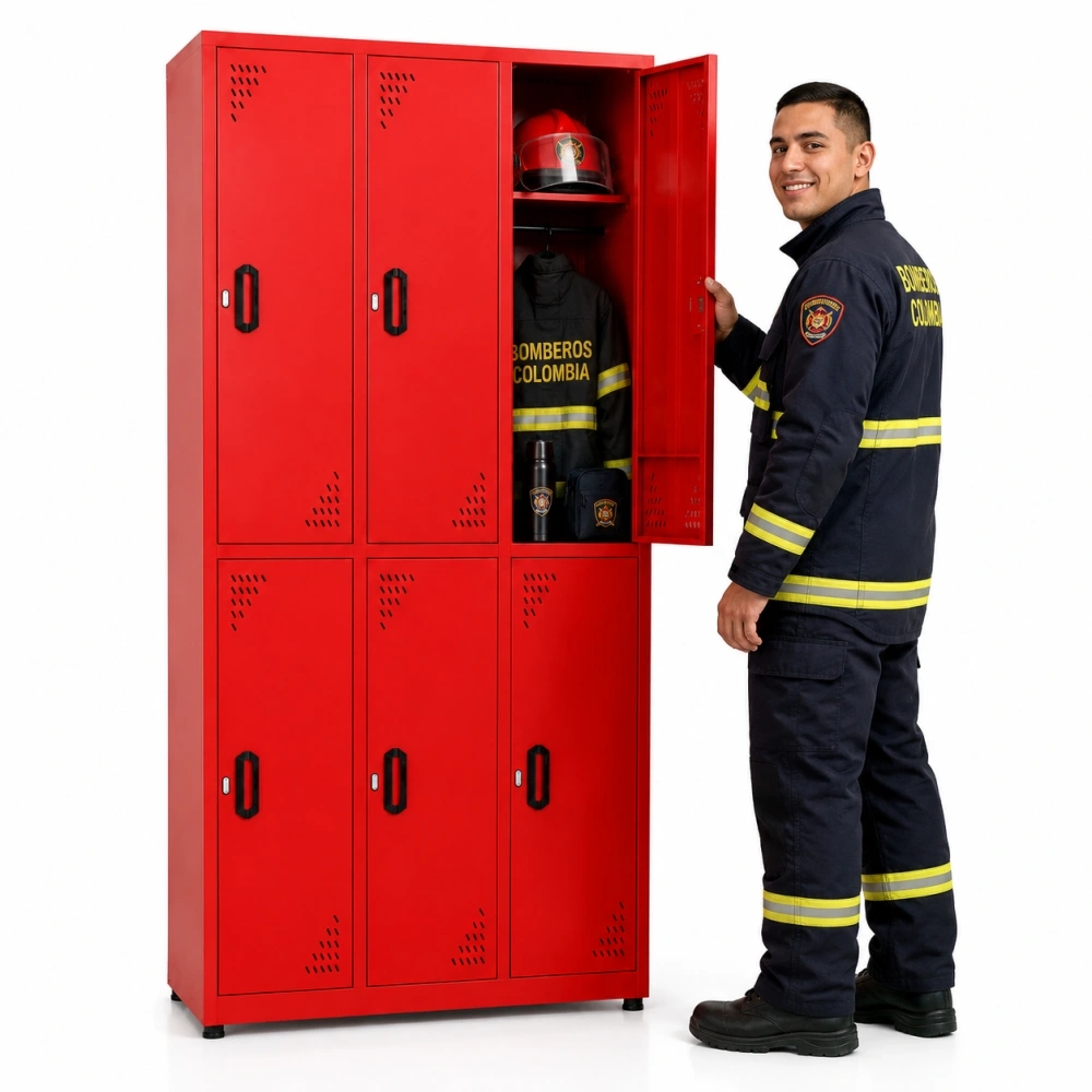 Locker metálico 6 puestos vertical en acero cold rolled calibre 22, puertas con porta candado y ventilación, niveladores de piso y pintura electroestática, fabricado por Magru S.A.S. en Bogotá