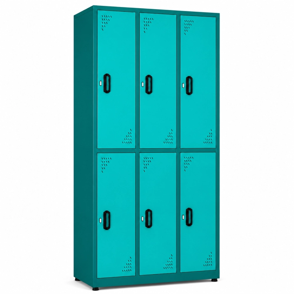 Locker metálico 6 puestos vertical en acero cold rolled calibre 22, puertas con porta candado y ventilación, niveladores de piso y pintura electroestática, fabricado por Magru S.A.S. en Bogotá