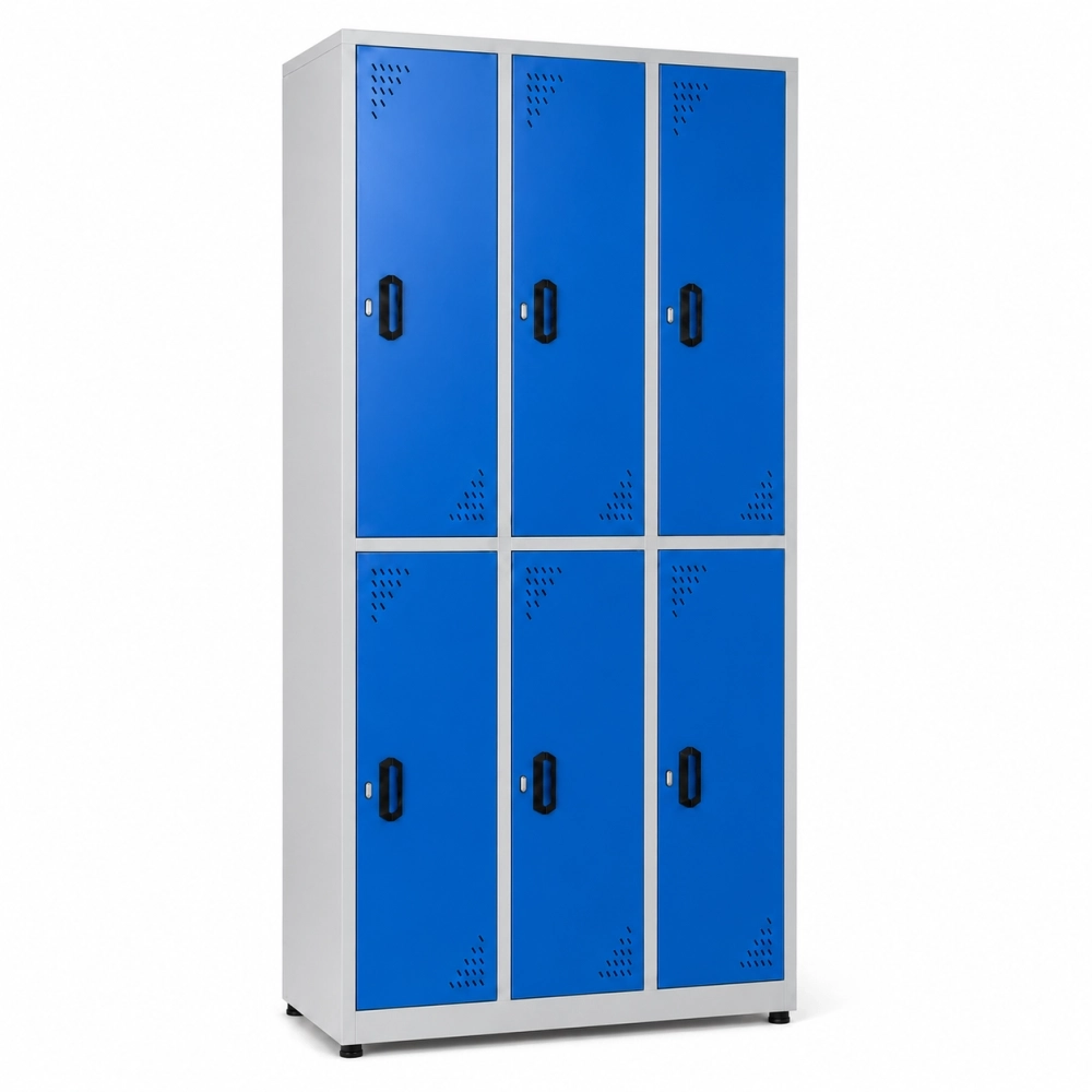 Locker metálico 6 puestos vertical en acero cold rolled calibre 22, puertas con porta candado y ventilación, niveladores de piso y pintura electroestática, fabricado por Magru S.A.S. en Bogotá