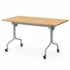 Mesa abatible metálica con ruedas fabricada en tubo redondo de 1-1/4 calibre 16 y superficie en MDF laminado para universidades e instituciones educativas.