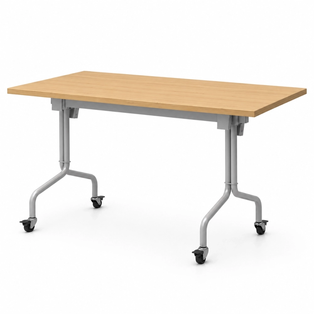 Mesa abatible metálica con ruedas fabricada en tubo redondo de 1-1/4 calibre 16 y superficie en MDF laminado para universidades e instituciones educativas.
