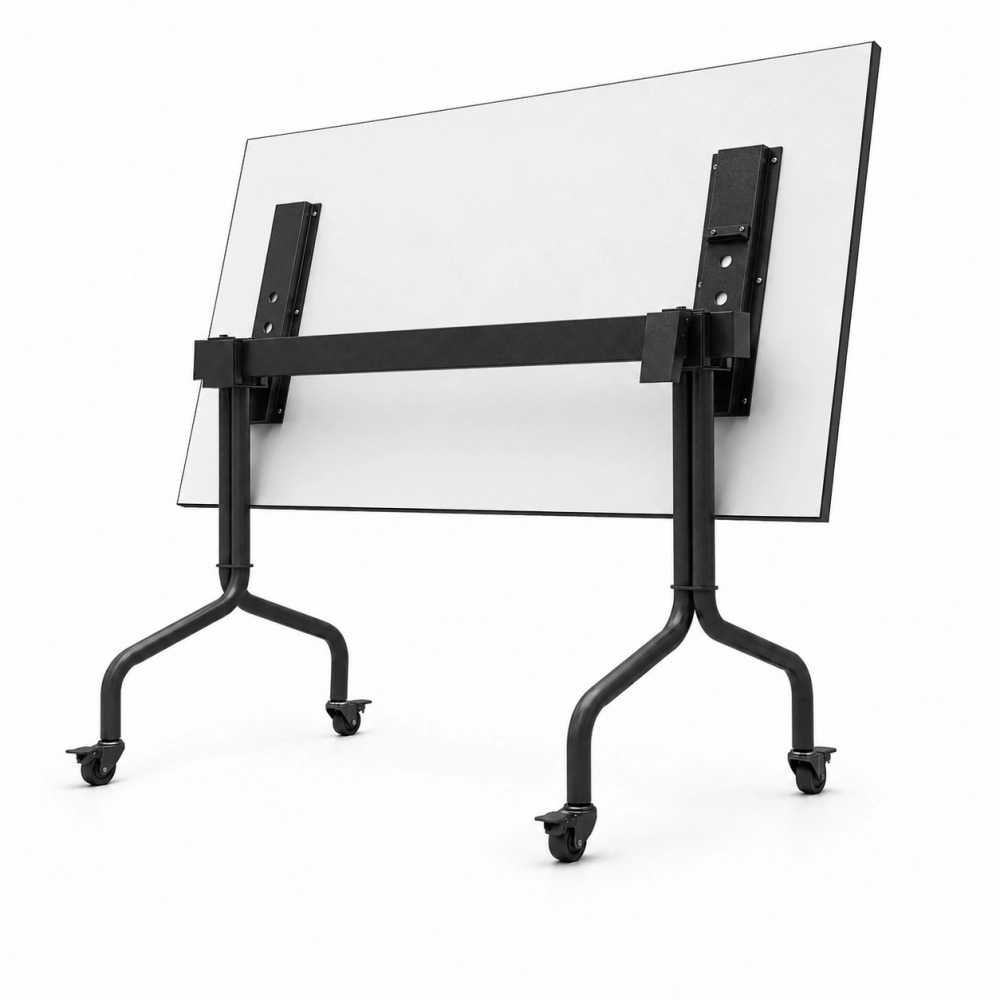Mesa abatible metálica con ruedas fabricada en tubo redondo de 1-1/4 calibre 16 y superficie en MDF laminado para universidades e instituciones educativas.