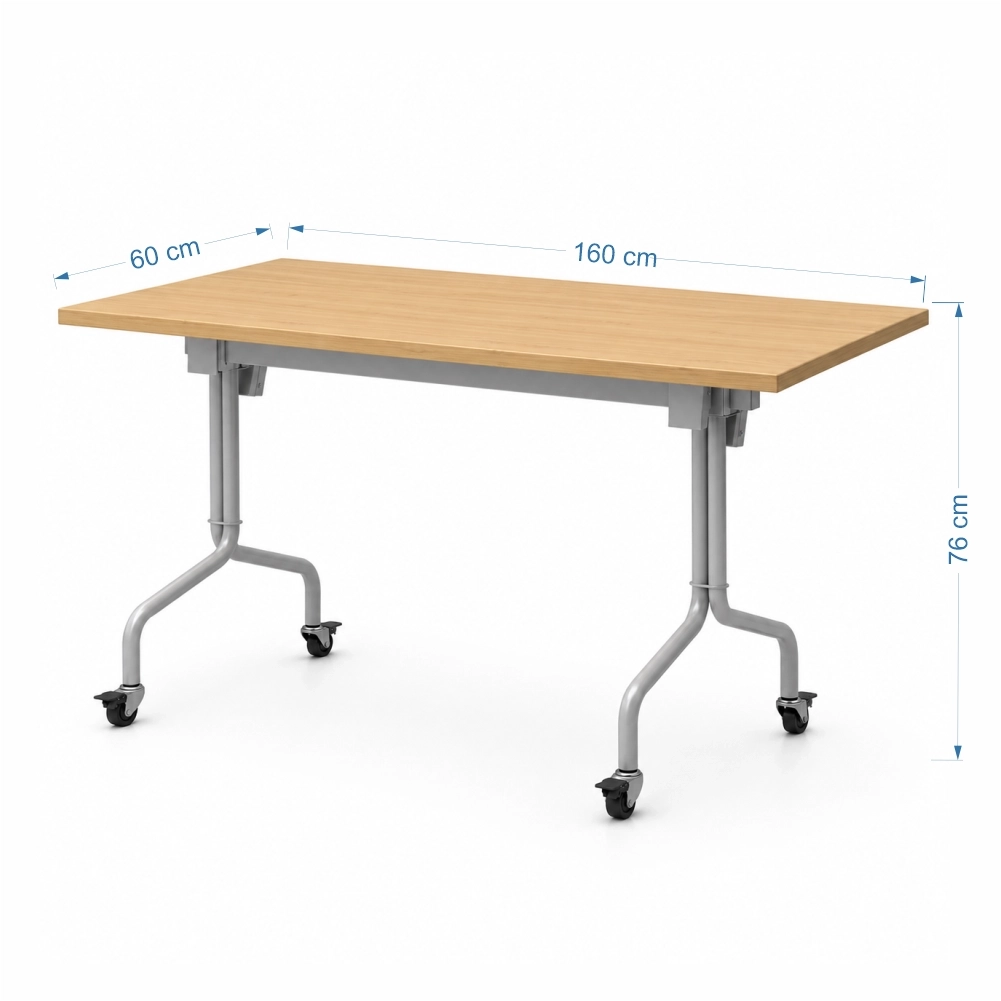 Mesa abatible metálica con ruedas fabricada en tubo redondo de 1-1/4 calibre 16 y superficie en MDF laminado para universidades e instituciones educativas.