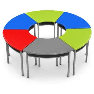 Mesa trapezoidal escolar con portalibros metálico, cubierta en polipropileno y estructura en acero con pintura electrostática, ideal para instituciones educativas.