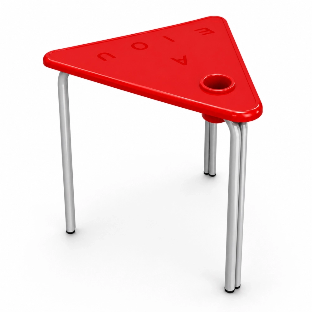 Mesa infantil triangular apilable de polipropileno con filtro UV y estructura metálica para jardines infantiles y colegios.