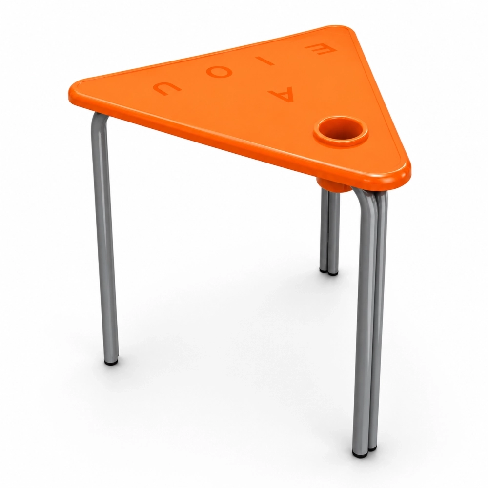 Mesa infantil triangular apilable de polipropileno con filtro UV y estructura metálica para jardines infantiles y colegios.