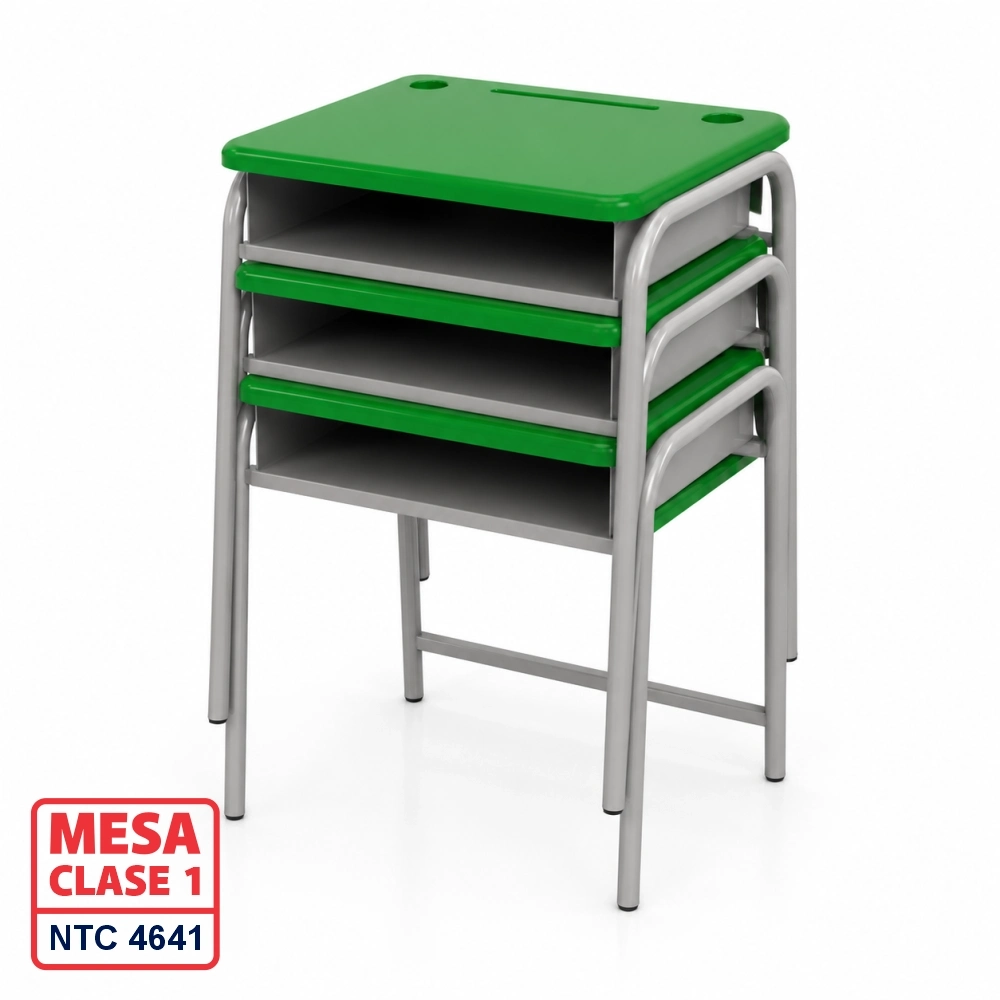 Pupitre unipersonal clase 1 para jardín infantil y preescolar fabricado bajo la Norma ICONTEC NTC 4641 en Colombia, superficie en polipropileno y estructura metálica apilable.