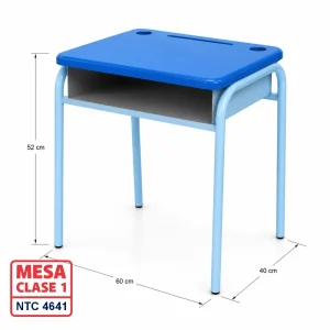 Pupitre unipersonal clase 1 para jardín infantil y preescolar fabricado bajo la Norma ICONTEC NTC 4641 en Colombia, superficie en polipropileno y estructura metálica apilable.