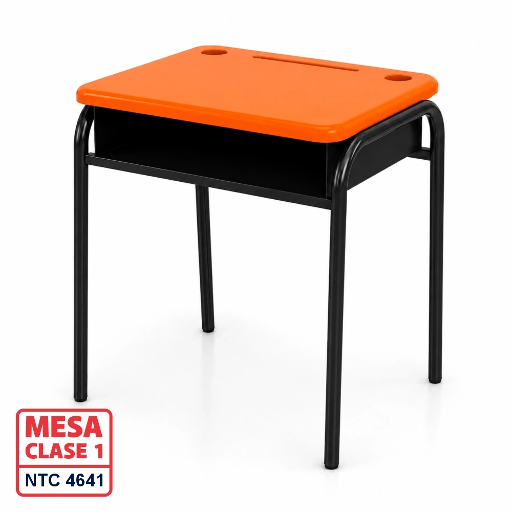 Pupitre unipersonal clase 1 para jardín infantil y preescolar fabricado bajo la Norma ICONTEC NTC 4641 en Colombia, superficie en polipropileno y estructura metálica apilable.