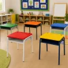Pupitre unipersonal clase 1 para jardín infantil y preescolar fabricado bajo la Norma ICONTEC NTC 4641 en Colombia, superficie en polipropileno y estructura metálica apilable.