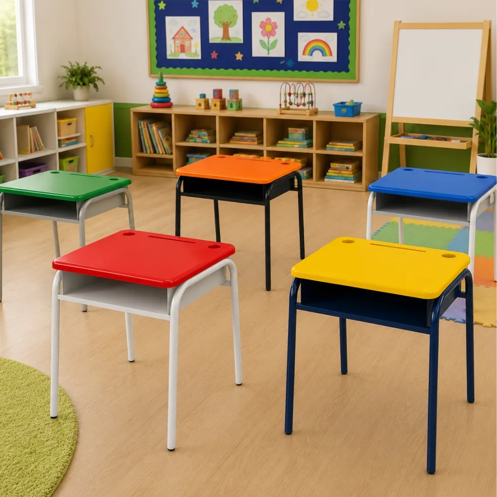 Pupitre unipersonal clase 1 para jardín infantil y preescolar fabricado bajo la Norma ICONTEC NTC 4641 en Colombia, superficie en polipropileno y estructura metálica apilable.