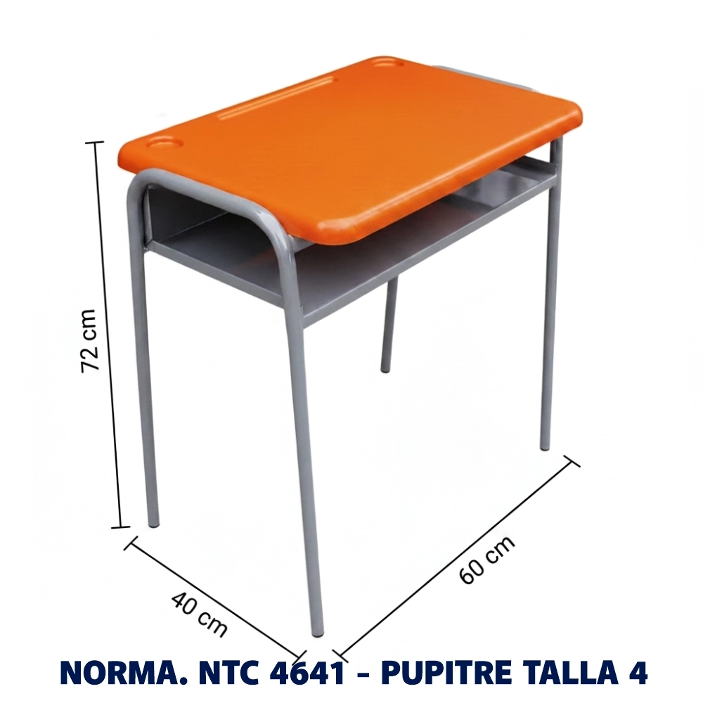 Pupitre Unipersonal Talla 4 NTC 4641 | Magru S.A.S. Pupitre unipersonal Talla 4 para preescolar fabricado bajo la norma Icontec NTC 4641, superficie plástica color azul y estructura metálica, ideal para colegios e instituciones educativas en Colombia.