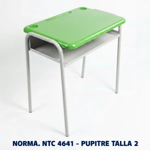 Pupitre unipersonal Talla 2 para preescolar fabricado bajo la norma Icontec NTC 4641, superficie plástica color verde y estructura metálica, ideal para colegios, jardines infantiles e instituciones educativas en Colombia.