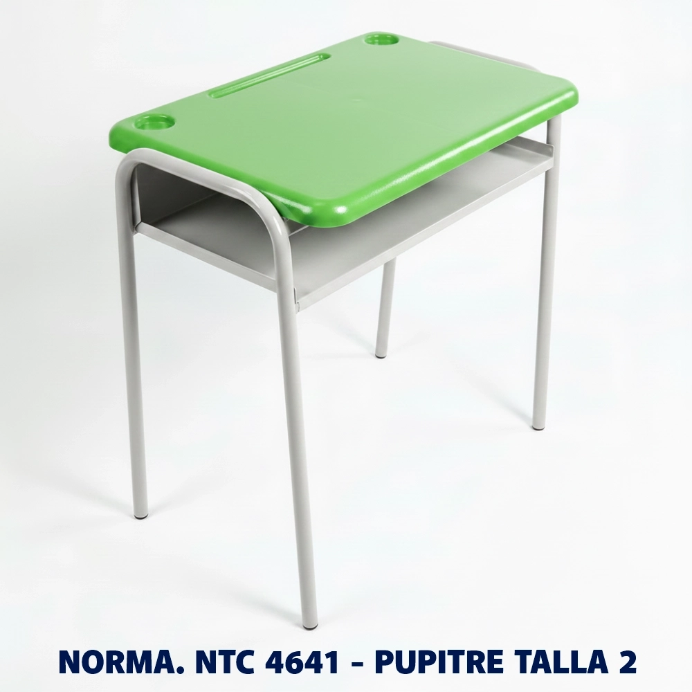 Pupitre Unipersonal Talla 2 NTC 4641 para Preescolar | Magru S.A.S. Pupitre unipersonal Talla 2 para preescolar fabricado bajo la norma Icontec NTC 4641, superficie plástica color verde y estructura metálica, ideal para colegios, jardines infantiles e instituciones educativas en Colombia.