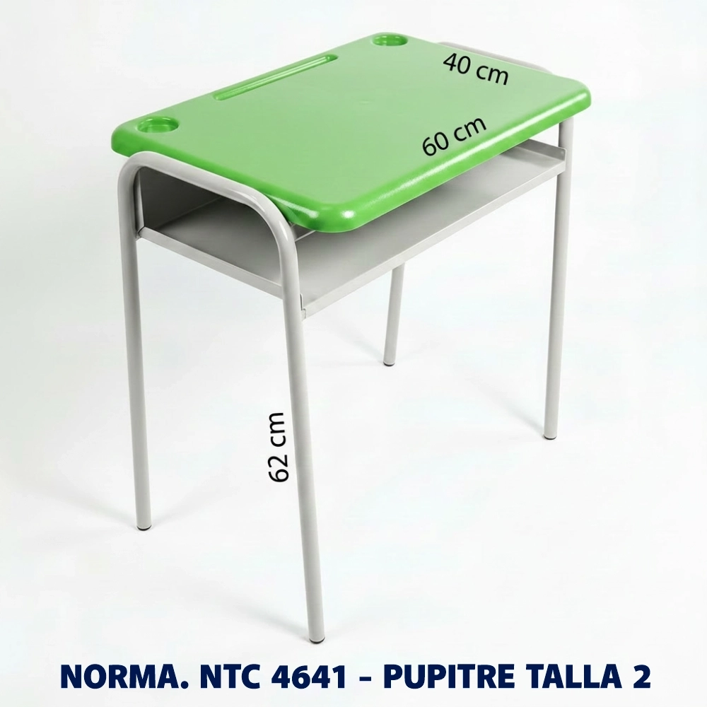 Pupitre Unipersonal Talla 2 NTC 4641 para Preescolar | Magru S.A.S. Pupitre unipersonal Talla 2 para preescolar fabricado bajo la norma Icontec NTC 4641, superficie plástica color verde y estructura metálica, ideal para colegios, jardines infantiles e instituciones educativas en Colombia.
