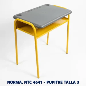 Pupitre unipersonal Talla 3 para preescolar fabricado bajo la norma Icontec NTC 4641, superficie plástica color azul y estructura metálica, ideal para colegios, jardines infantiles e instituciones educativas en Colombia.