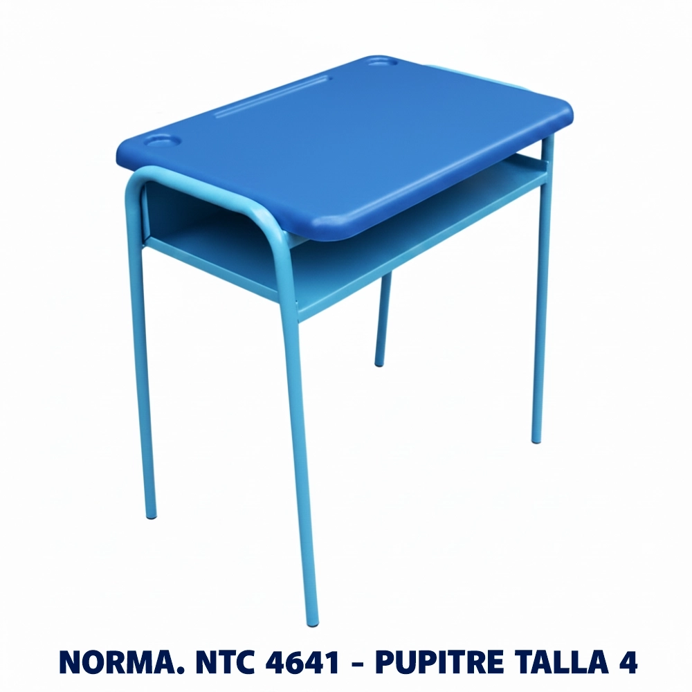 Pupitre Unipersonal Talla 4 NTC 4641 | Magru S.A.S. Pupitre unipersonal Talla 4 para preescolar fabricado bajo la norma Icontec NTC 4641, superficie plástica color azul y estructura metálica, ideal para colegios e instituciones educativas en Colombia.