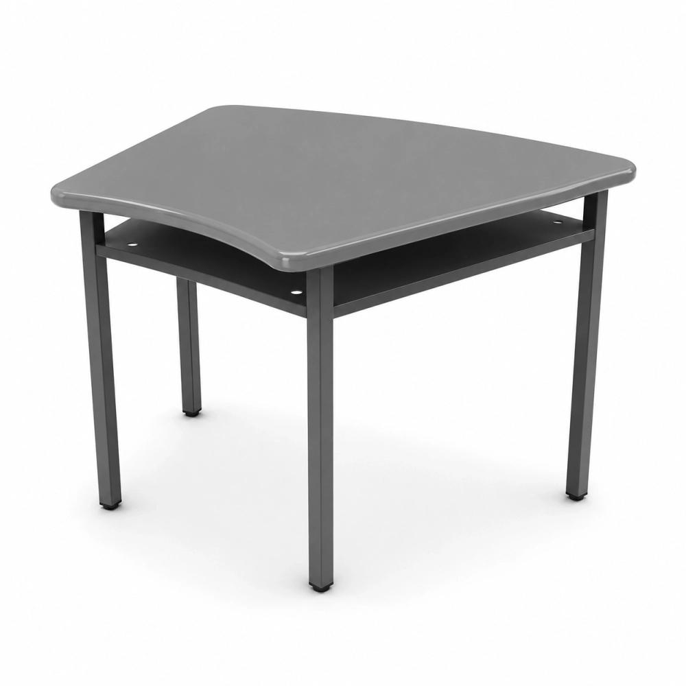Mesa trapezoidal escolar con portalibros metálico, cubierta en polipropileno y estructura en acero con pintura electrostática, ideal para instituciones educativas.