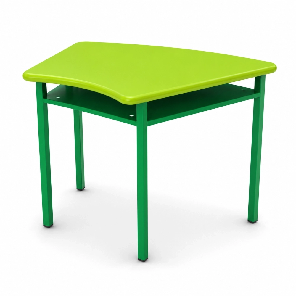 Mesa trapezoidal escolar con portalibros metálico, cubierta en polipropileno y estructura en acero con pintura electrostática, ideal para instituciones educativas.