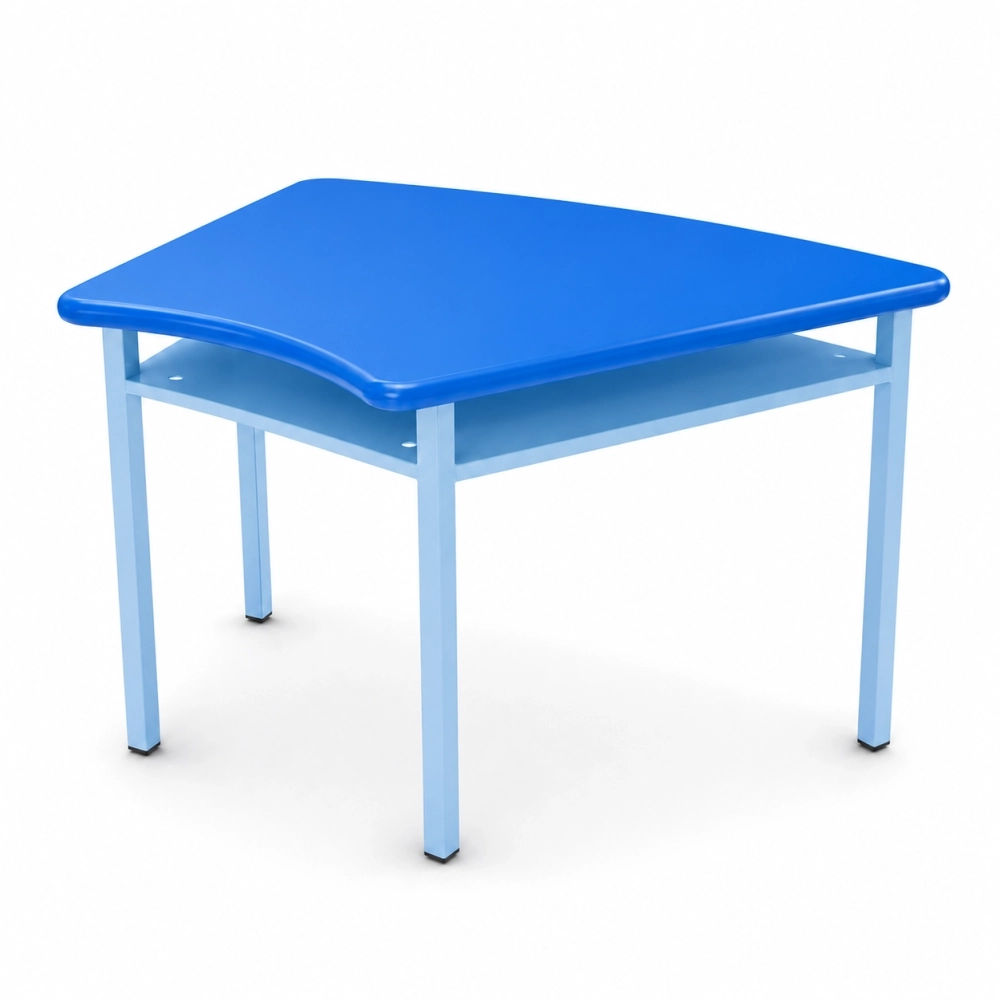 Mesa trapezoidal escolar con portalibros metálico, cubierta en polipropileno y estructura en acero con pintura electrostática, ideal para instituciones educativas.