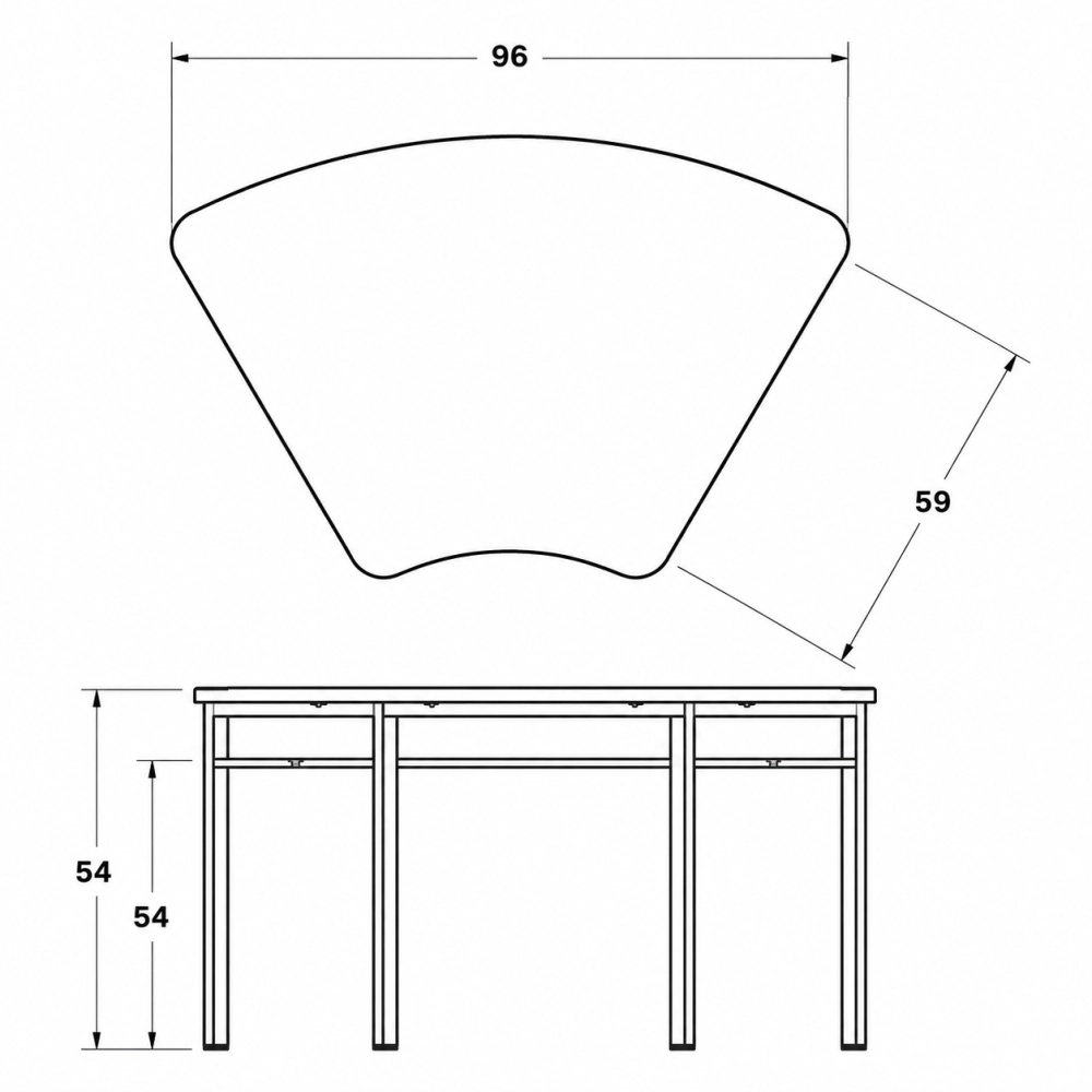 Mesa trapezoidal escolar con portalibros metálico, cubierta en polipropileno y estructura en acero con pintura electrostática, ideal para instituciones educativas.